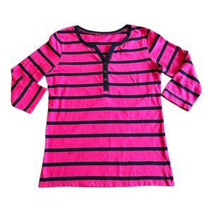 No Brand Stylish Pink Blue 3-Button Striped Henley Top 3/4 Sleeves Women…